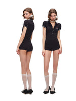 Navy Puff Sleeve Polo Romper
