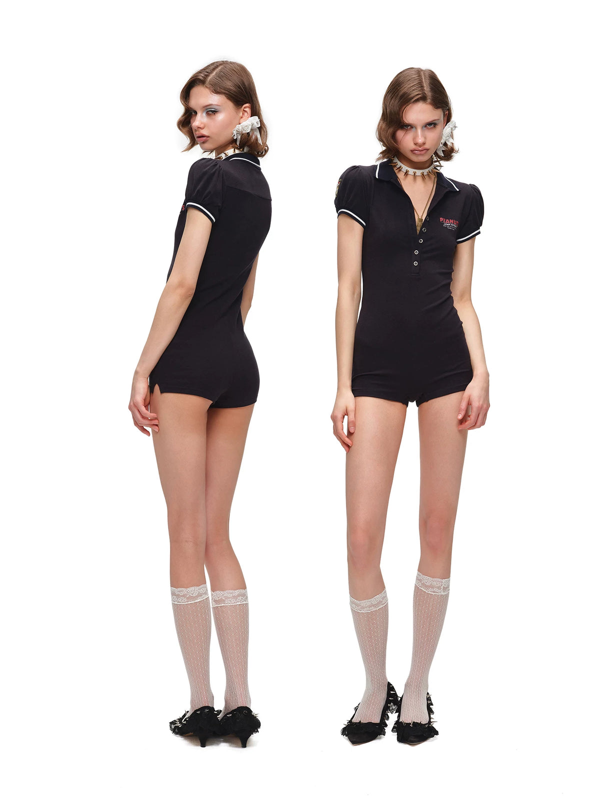 Navy Puff Sleeve Polo Romper