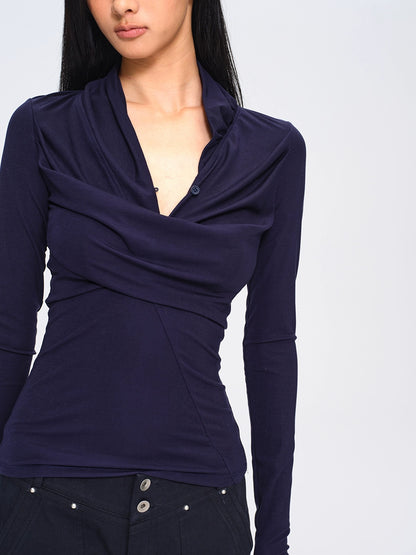 Deep-Blue V-Neck Structured Knit Top