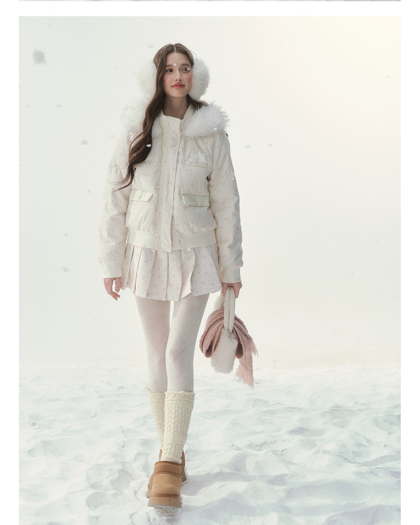 Plaid Floral Faux-Fur Down Jacket