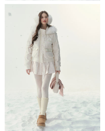 Plaid Floral Faux-Fur Down Jacket