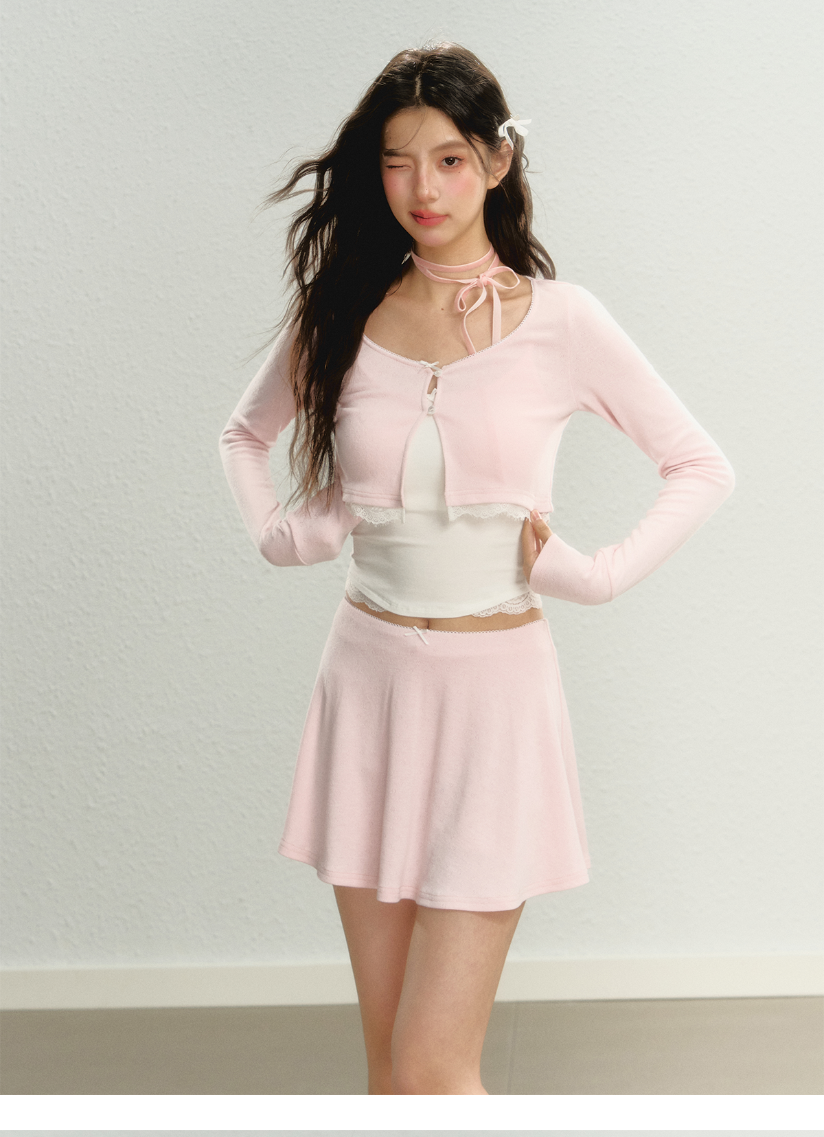 Pink Square Neck Short Sleeve T-shirt &amp; Cardigan Set