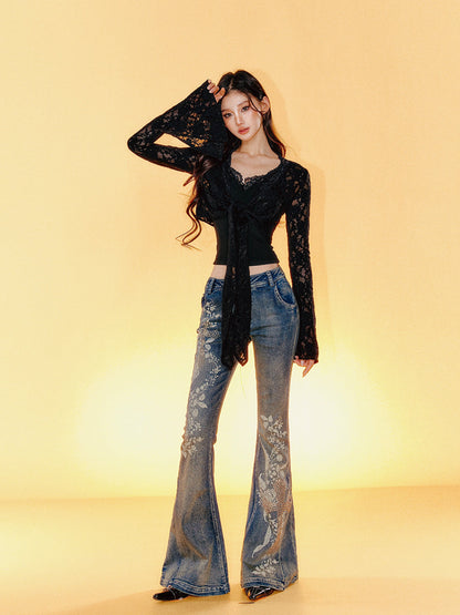 Printed Low-Waisted Denim Bell-Bottom Pants