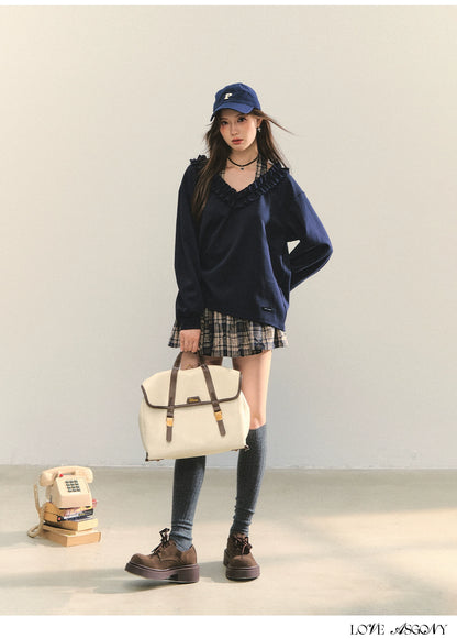 Navy Blue Plaid Halter Ruffle Sweatshirt &amp; Skirt set
