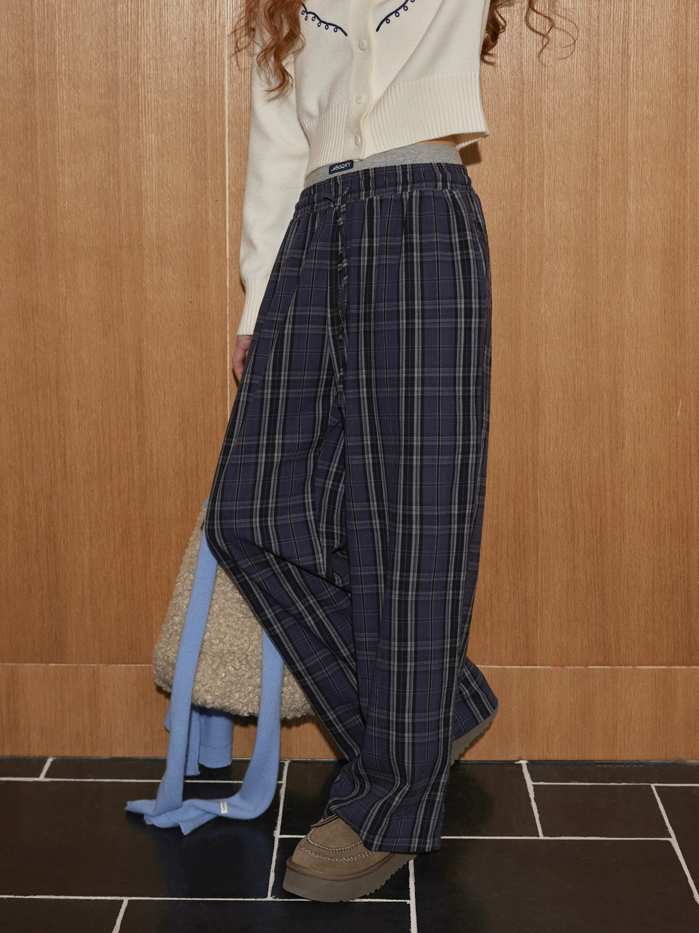Plaid Double-Waist Relaxed Straight Pants