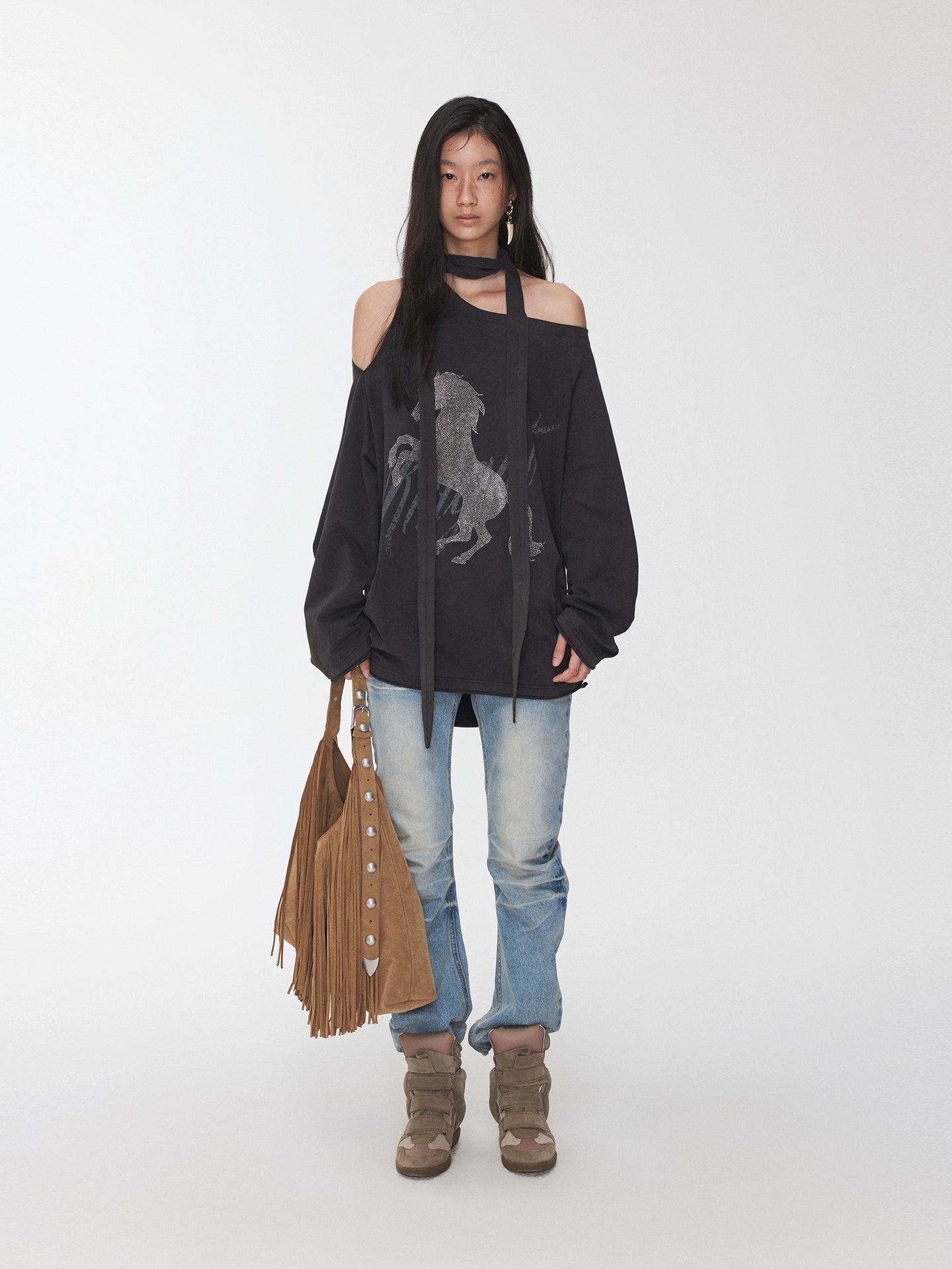 Rhinestone Graphic Off-Shoulder Tie Sweatshirt