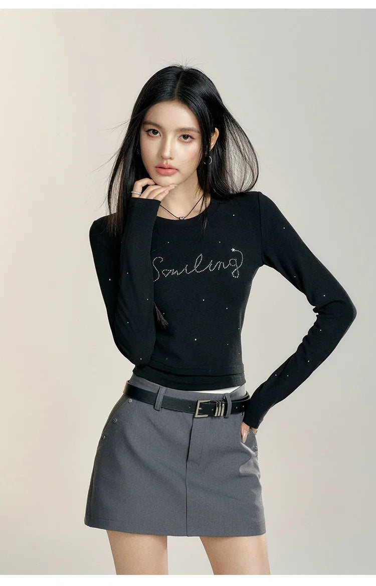 Black &amp; White Round Neck Fitted Long-sleeve T-shirt