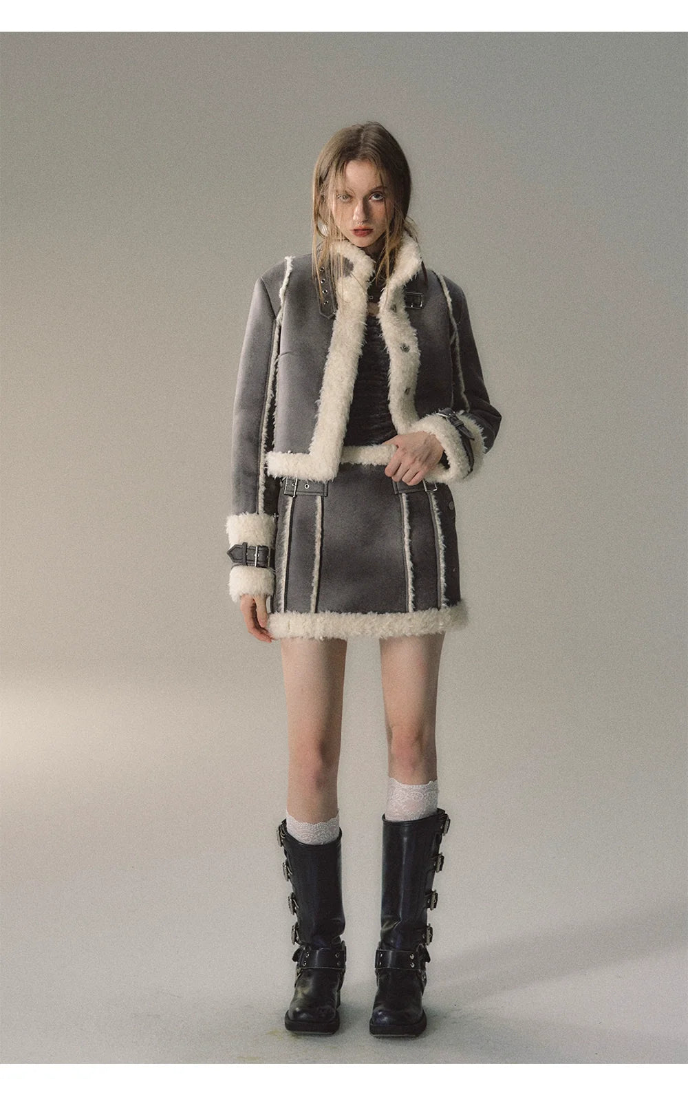 Grey Short Plush Shearling Jacket &amp; Skirt Set
