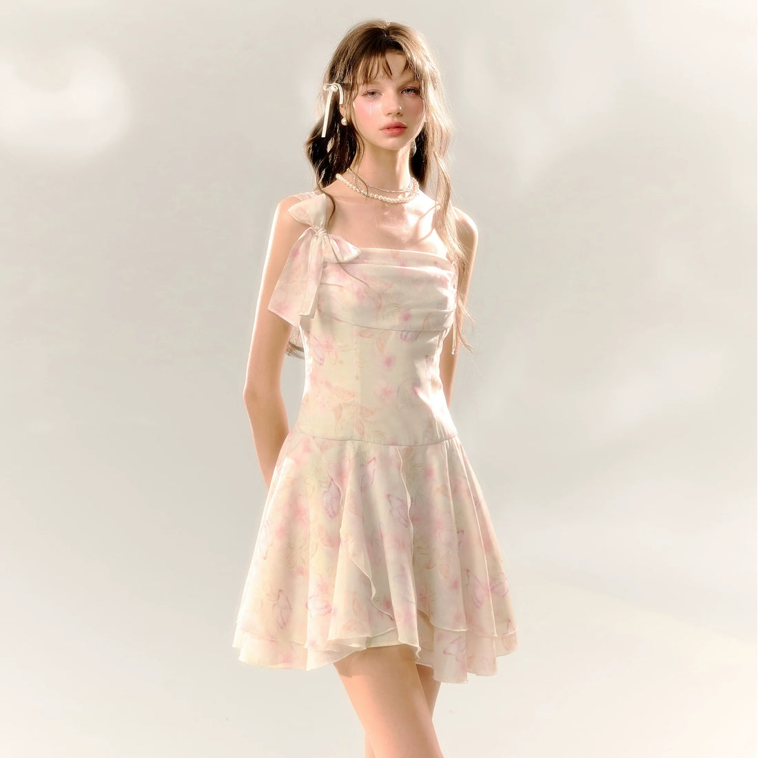 White Butterfly Print Cinched Waist Dress