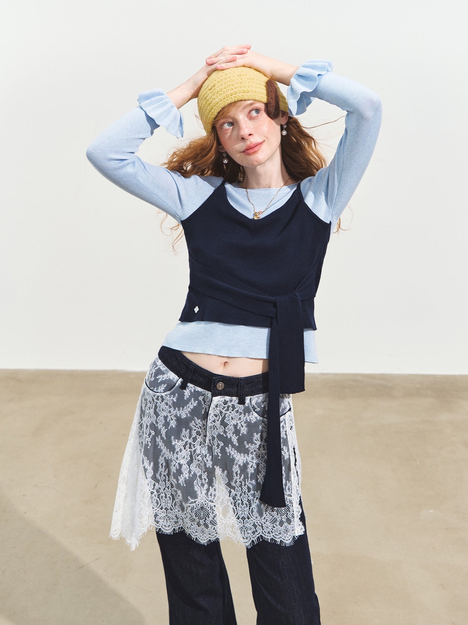 Contrast Tie Crewneck Sweater