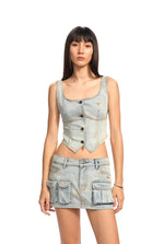 Washed Slightly Elastic Retro Vest