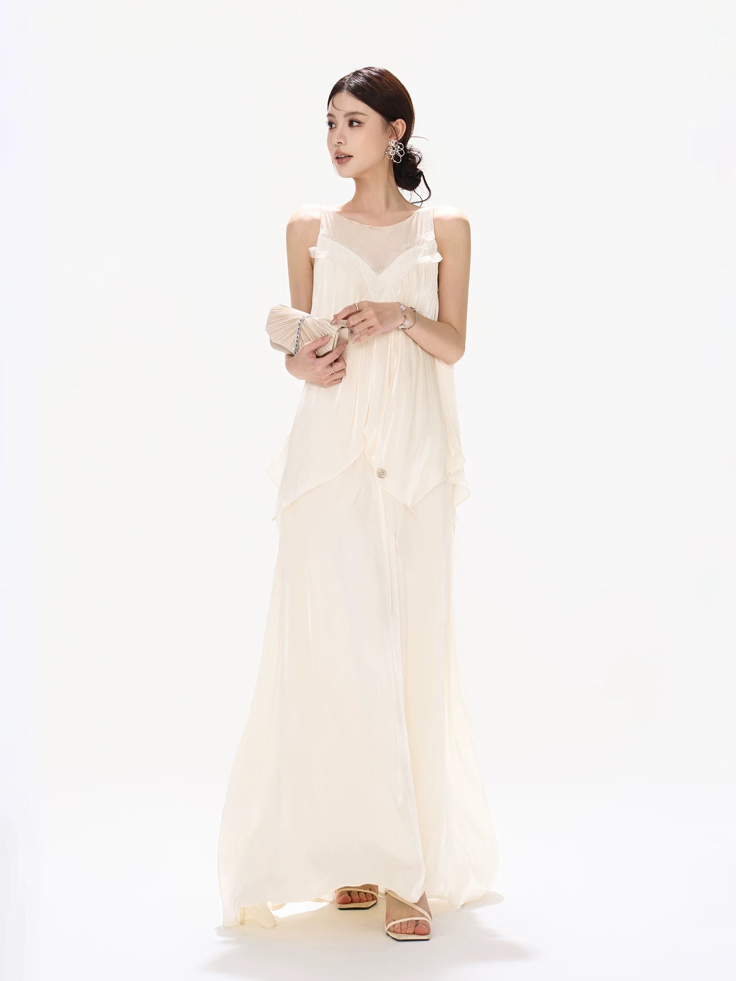 Mesh Panel Ruffle Maxi Dress
