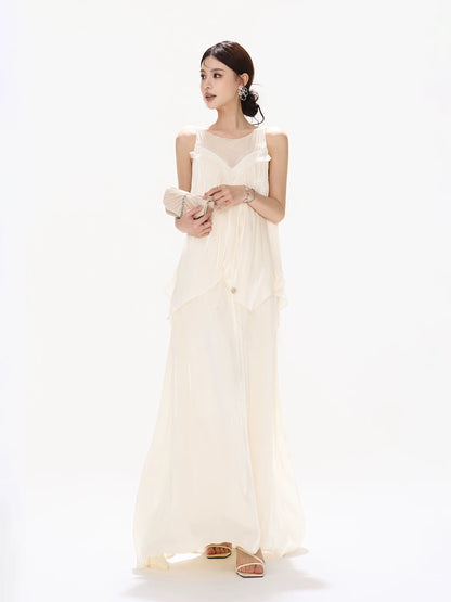 Mesh Panel Ruffle Maxi Dress
