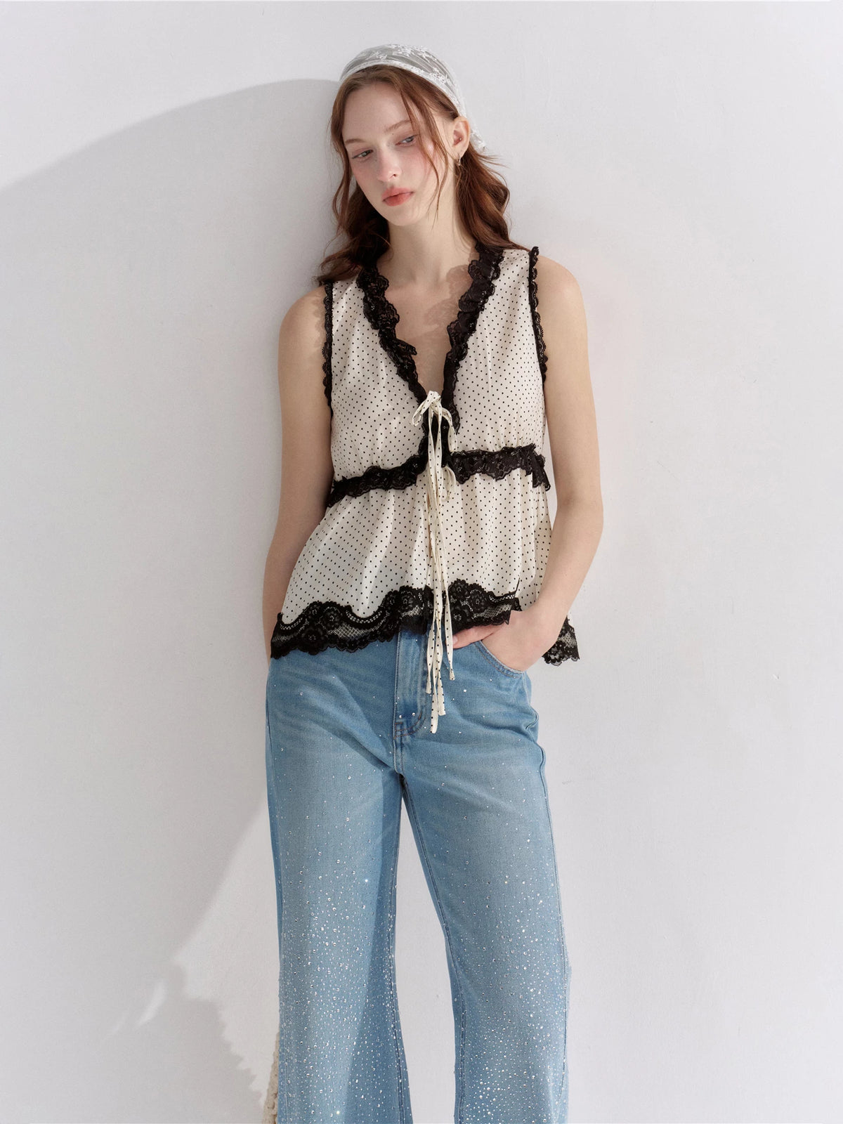 Lace Trim Polka Dot Vest