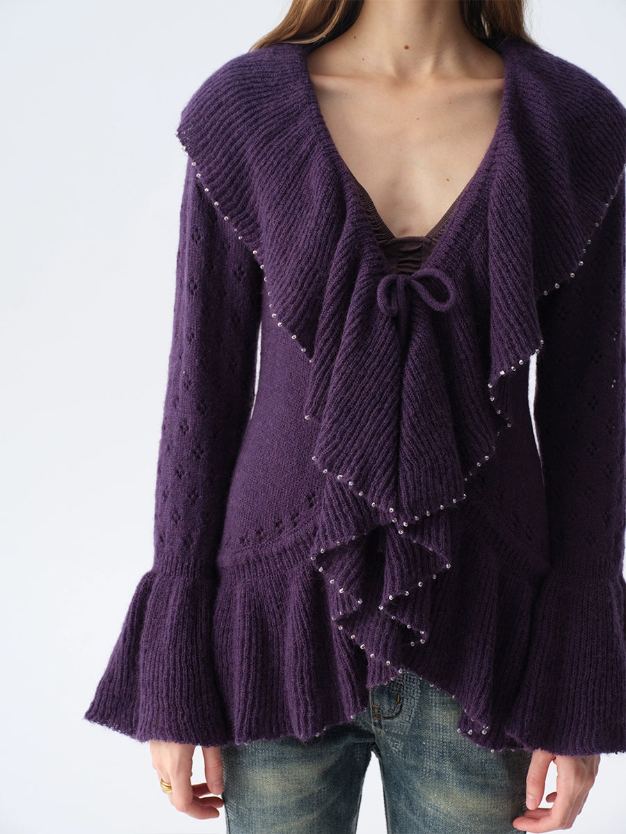 Two-Tone Openwork Ruffle Longline Cardigan