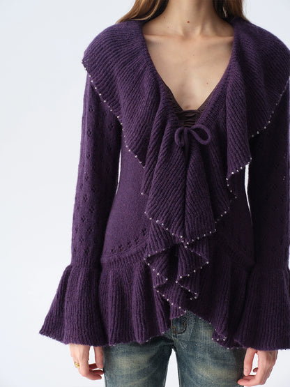 Two-Tone Openwork Ruffle Longline Cardigan