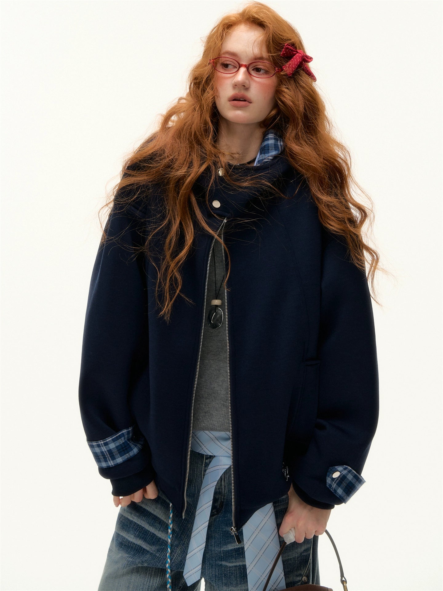 Plaid Patchwork Hoodie Cardigan