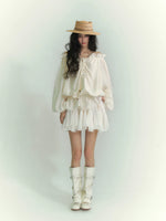 Off-Shoulder Tie Lantern Sleeve Shirt