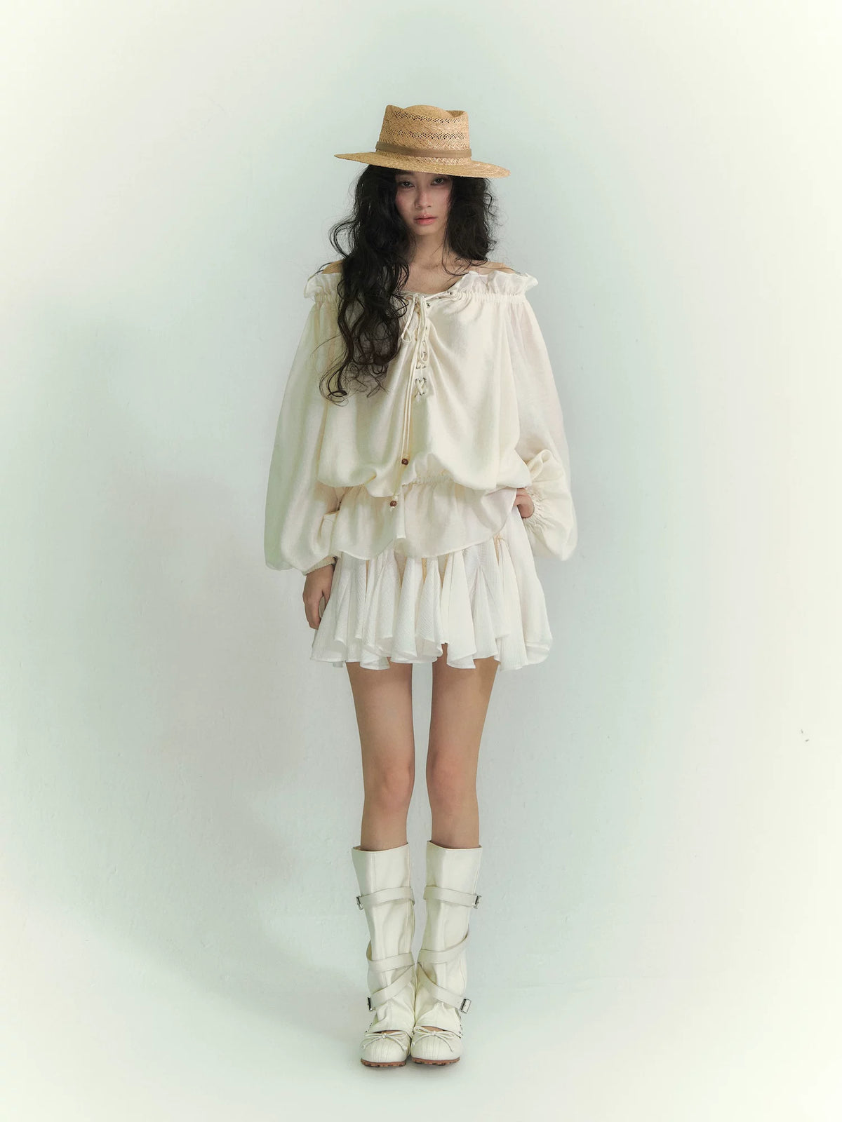 Off-Shoulder Tie Lantern Sleeve Shirt