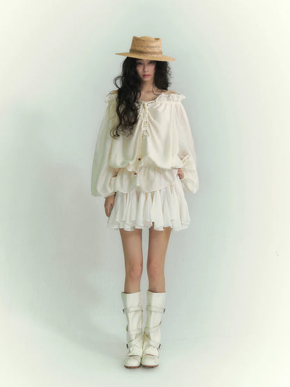 Off-Shoulder Tie Lantern Sleeve Shirt