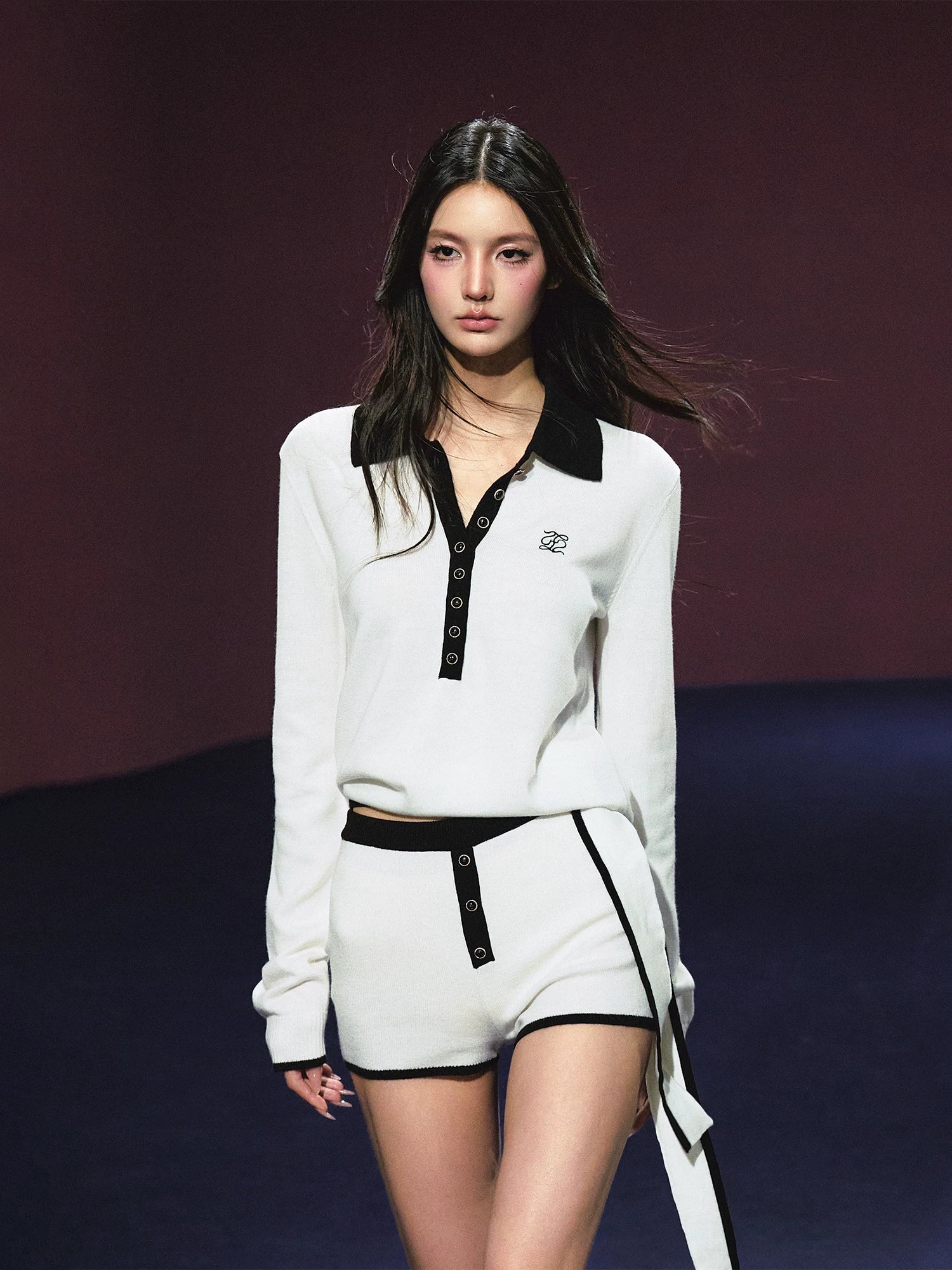 Contrast Tie-Neck Polo Knit Set