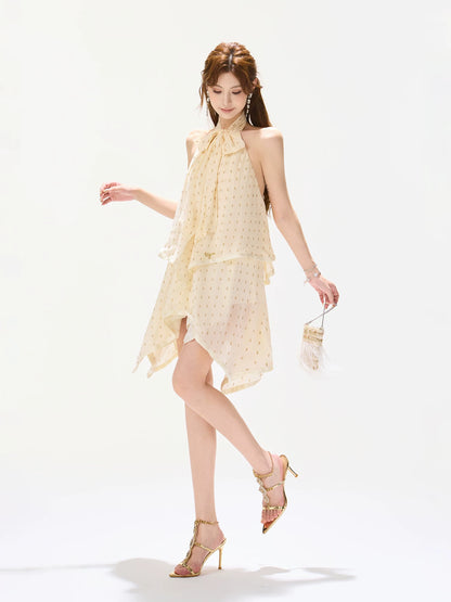 Golden Chiffon Halter Dress
