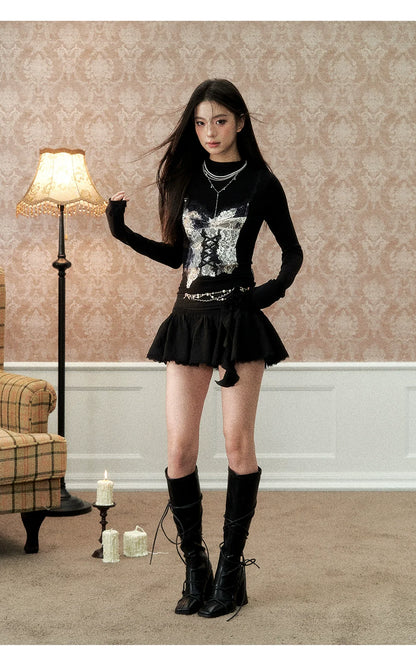 Off-white &amp; Black Lace Splice Mock Neck T-shirt