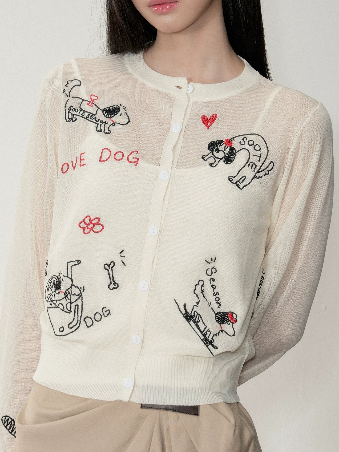 Embroidered Puppy Sun-Protective Knit Cardigan
