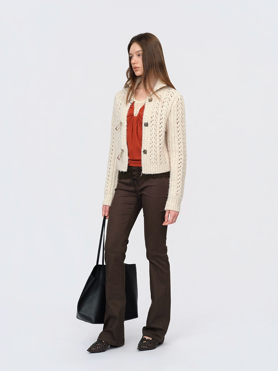 Ivory &amp; Red Cutout Knit Cardigan