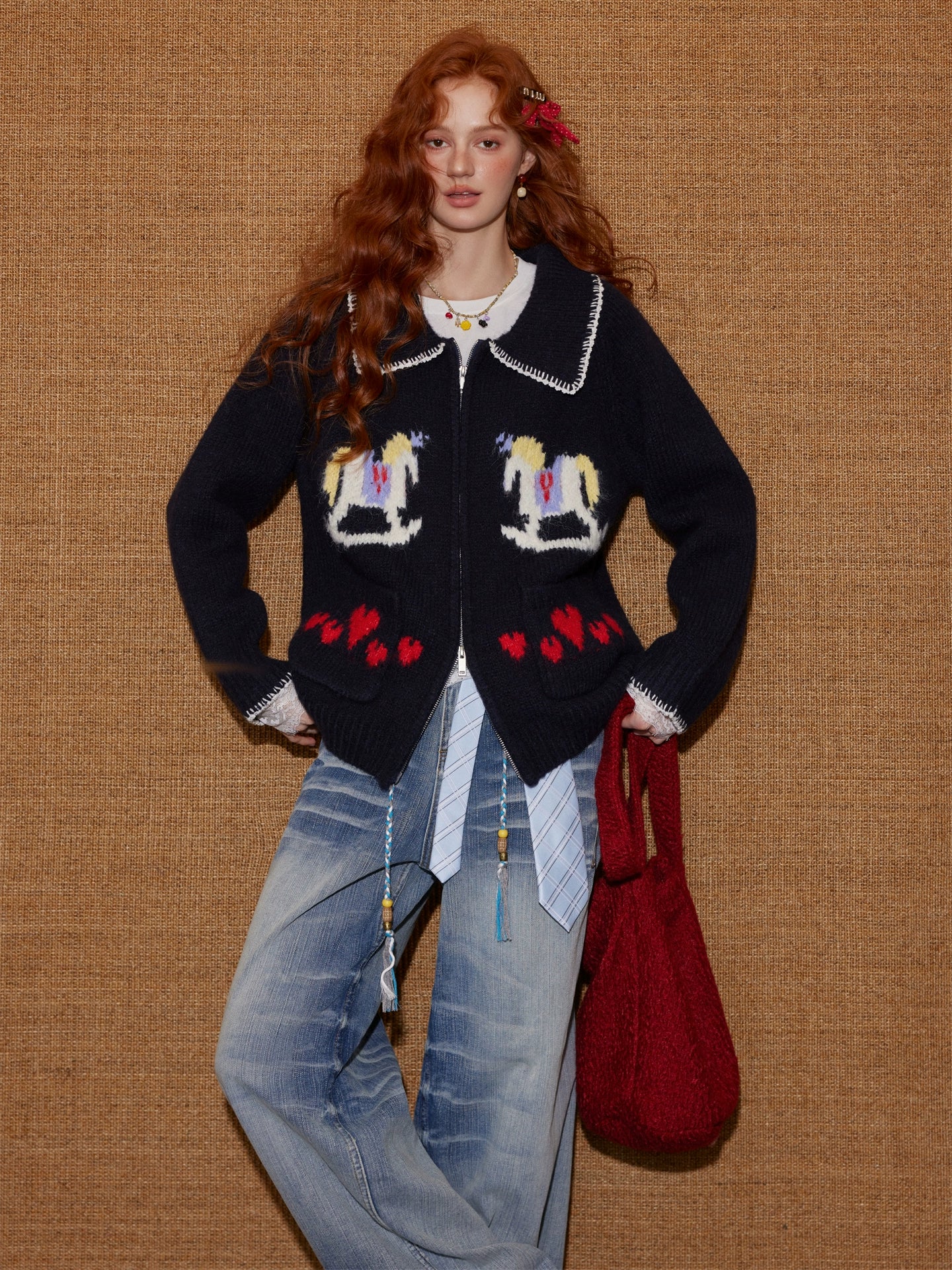 Contrast-Trim Horse Jacquard Knit Zip Cardigan