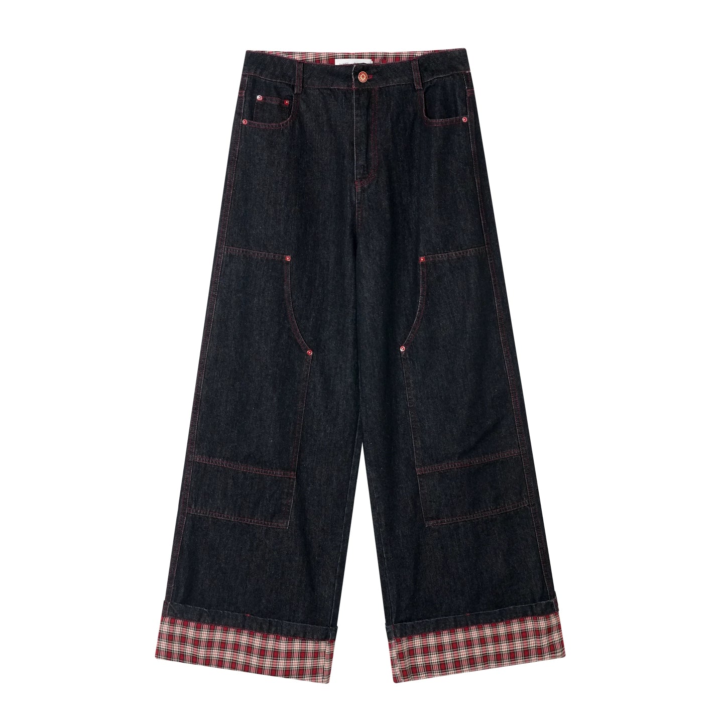 Yellow &amp; Red Plaid Hem Denim Pants