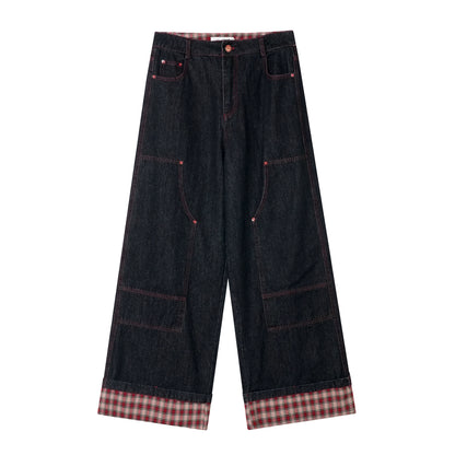 Yellow &amp; Red Plaid Hem Denim Pants
