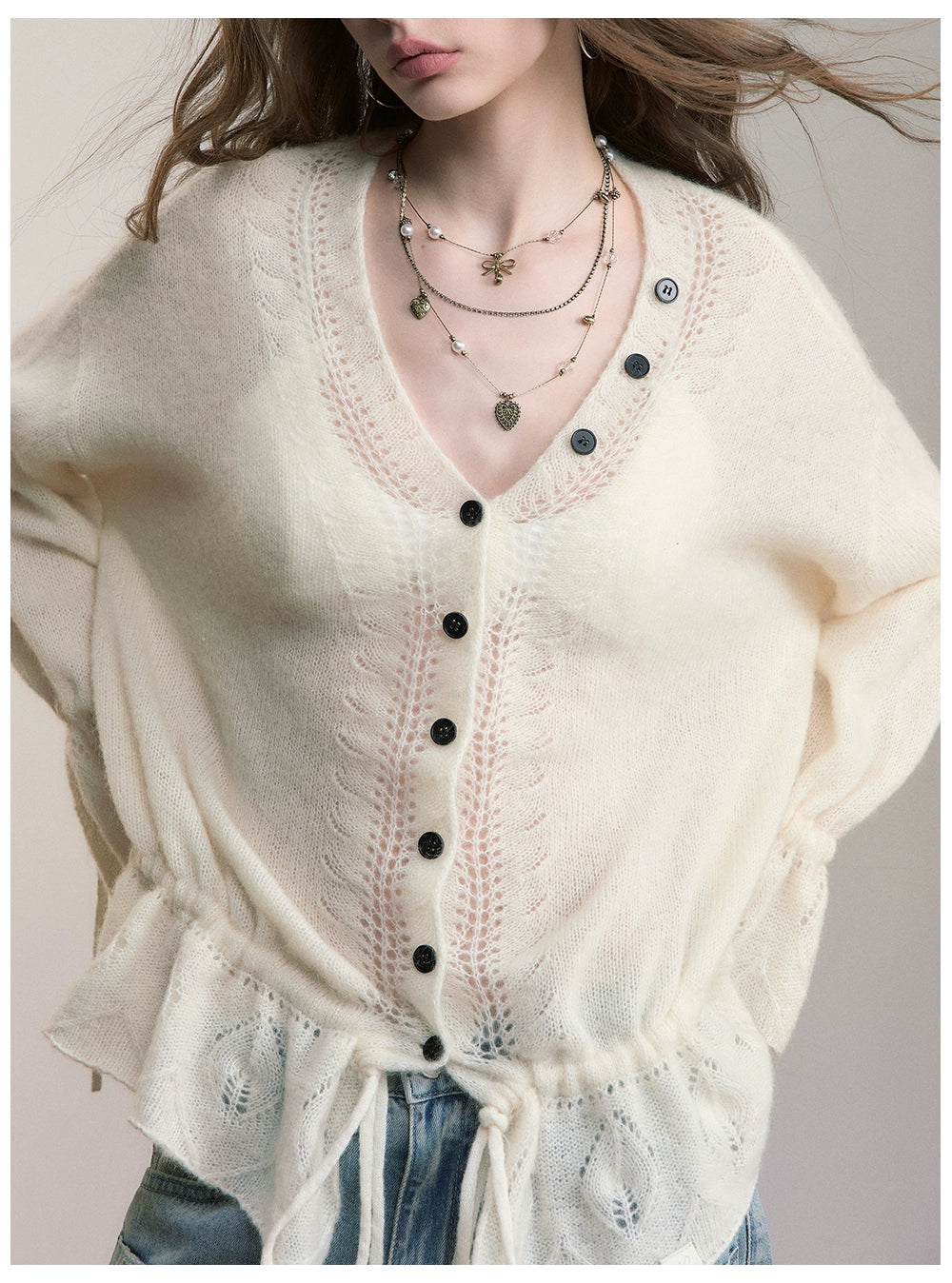 Brown &amp; Off-white Drawstring Knit Cardigan