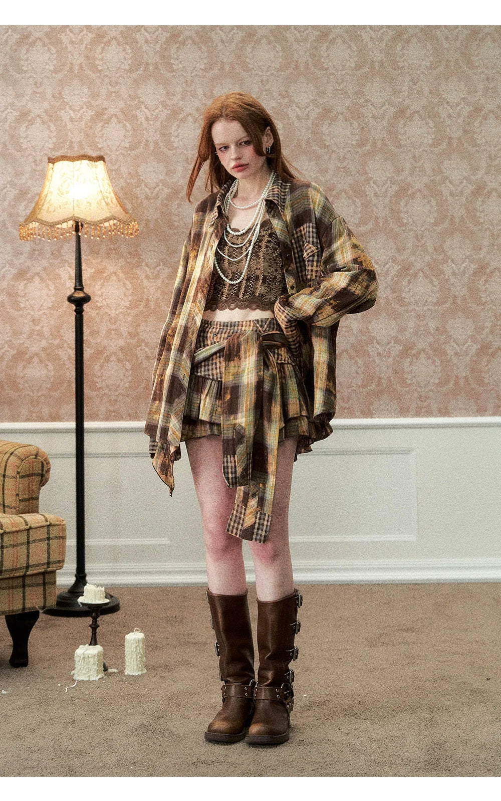 Washed Distressed Plaid Shirt &amp; Skirt Set