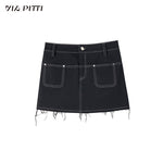 Black Denim 2-in-1 Studded Frayed Mini Skirt