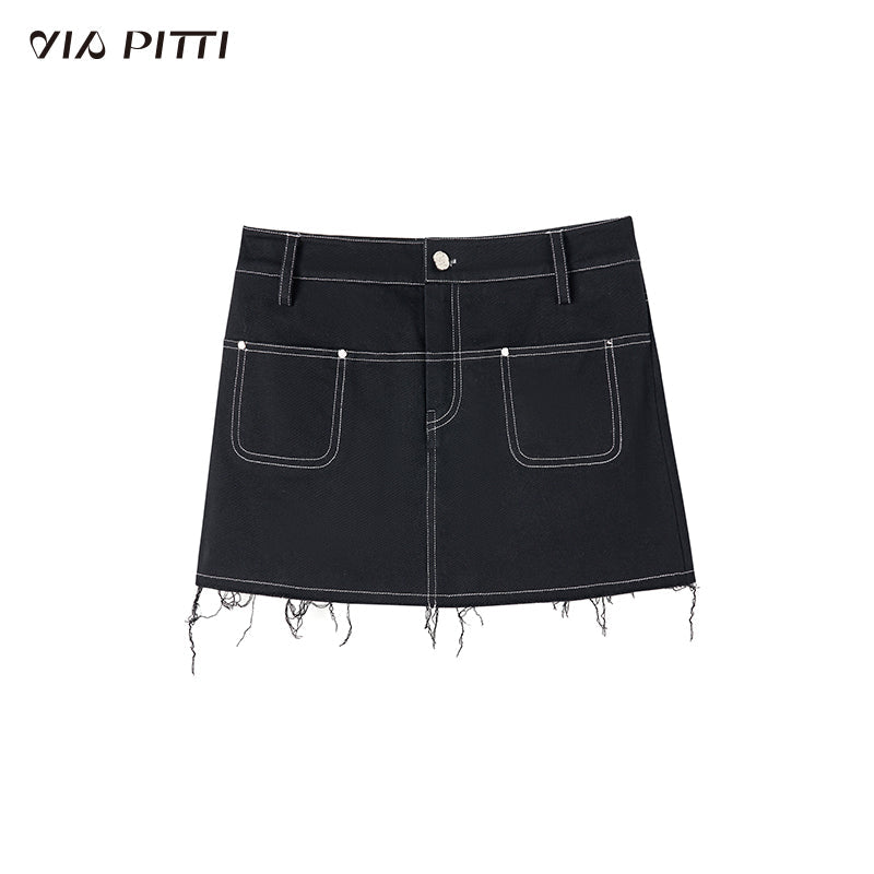 Black Denim 2-in-1 Studded Frayed Mini Skirt