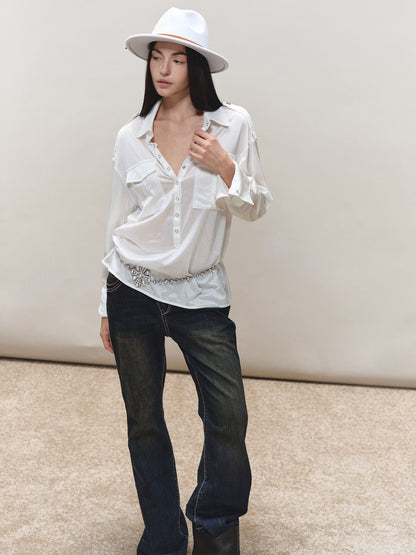 Satin-Sheen Knit Utility Shirt