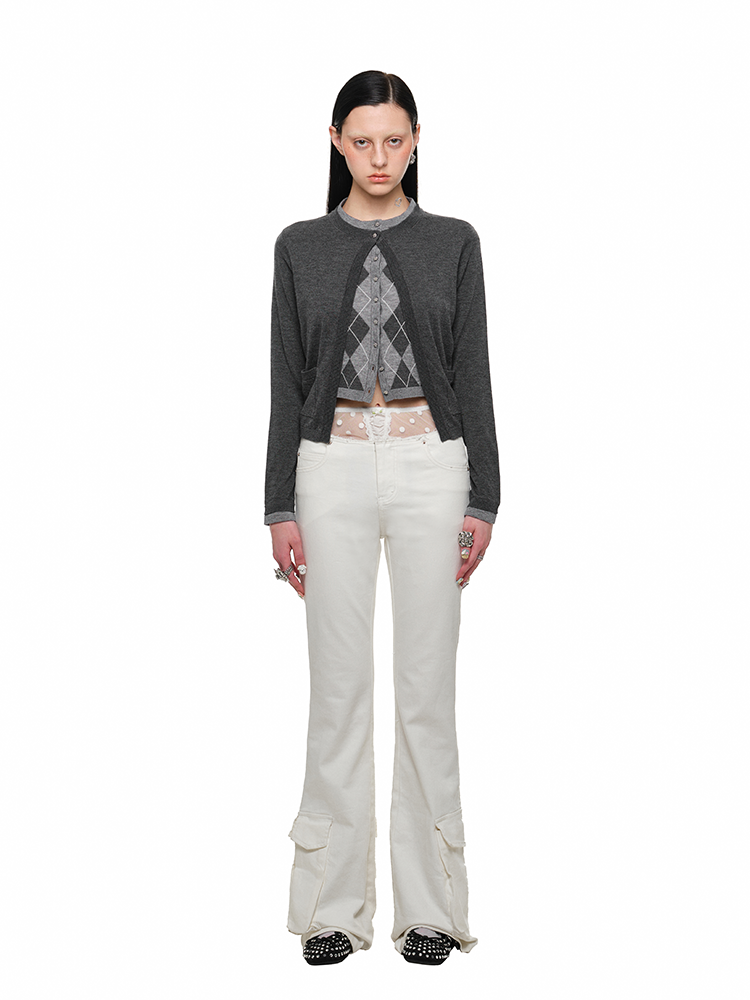 Diamond Pattern Fake Two-Piece Cardigan & Pant Set