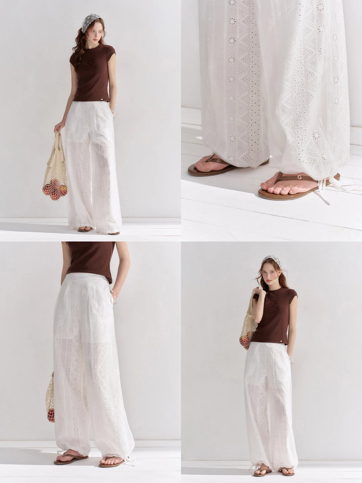 Eyelet Drawstring Wide-Leg Pants