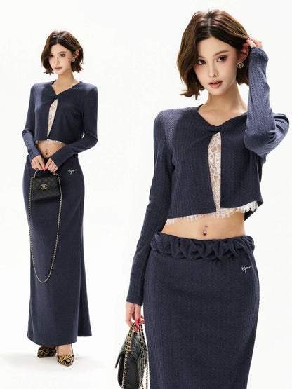 Navy Lace Layered Knit Set