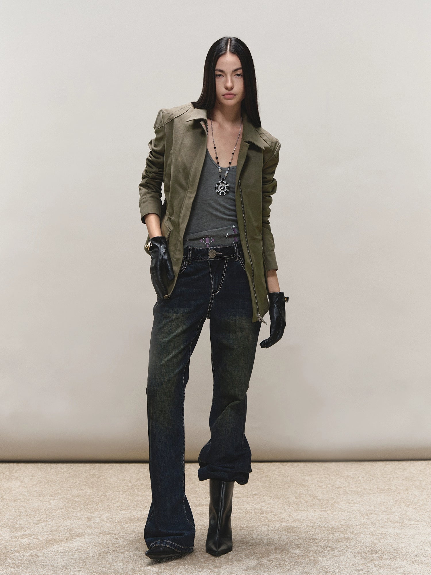 Mud-Blue Contrast-Stitch Flare Jeans