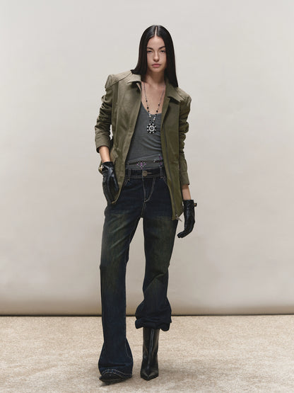 Mud-Blue Contrast-Stitch Flare Jeans