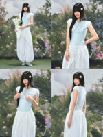 Light Blue Tie Bubble Sleeve Blouse