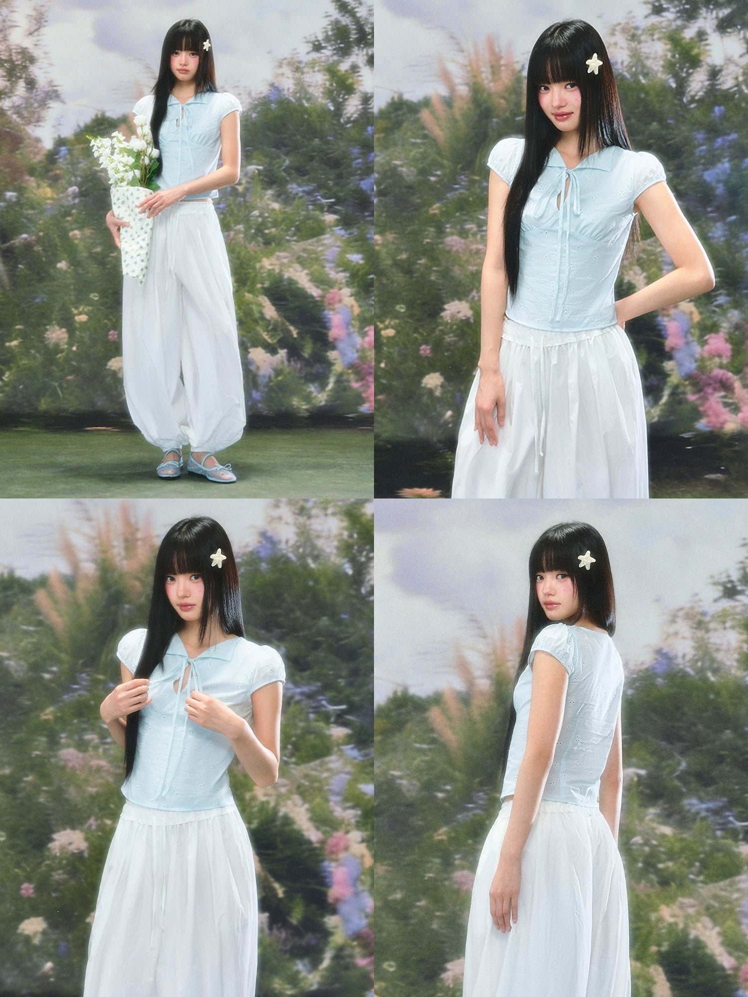 Light Blue Tie Bubble Sleeve Blouse