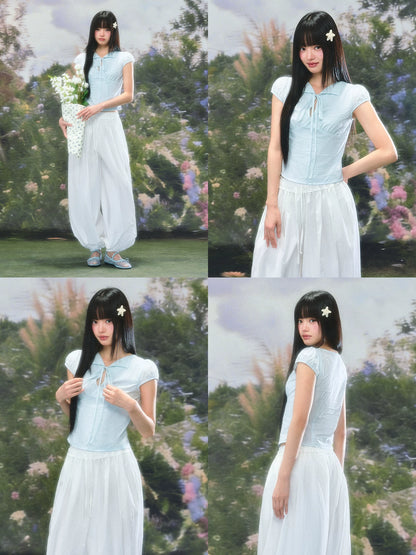 Light Blue Tie Bubble Sleeve Blouse