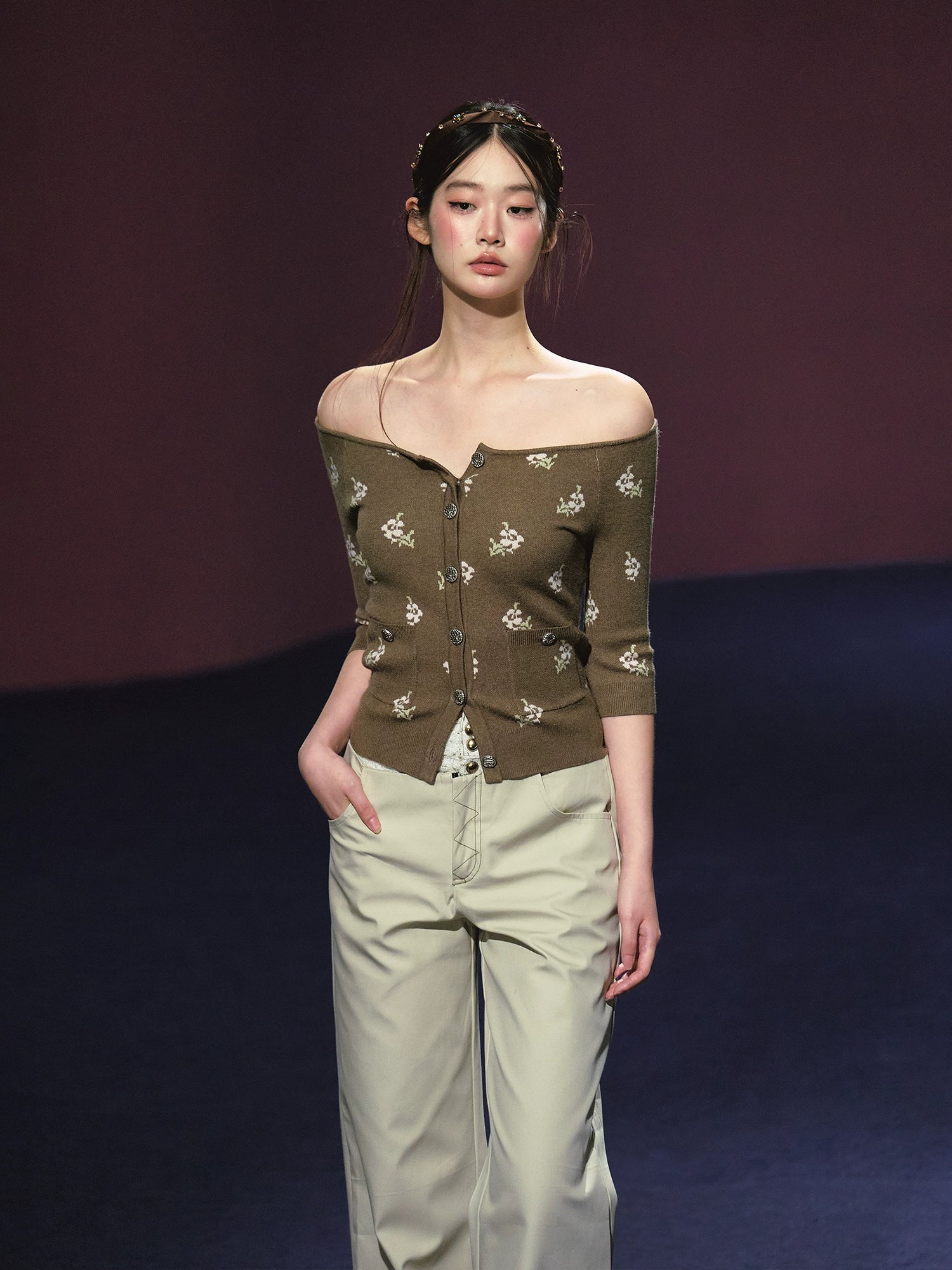 Floral Pattern Off-shoulder Mosaic Knit Cardigan