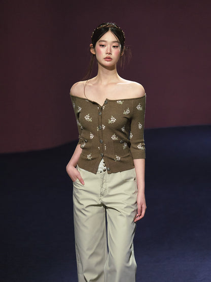 Floral Pattern Off-shoulder Mosaic Knit Cardigan
