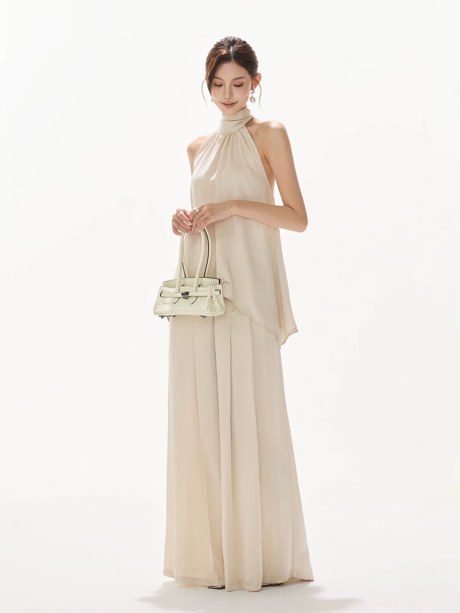 Light Champagne Satin Pleated Pants