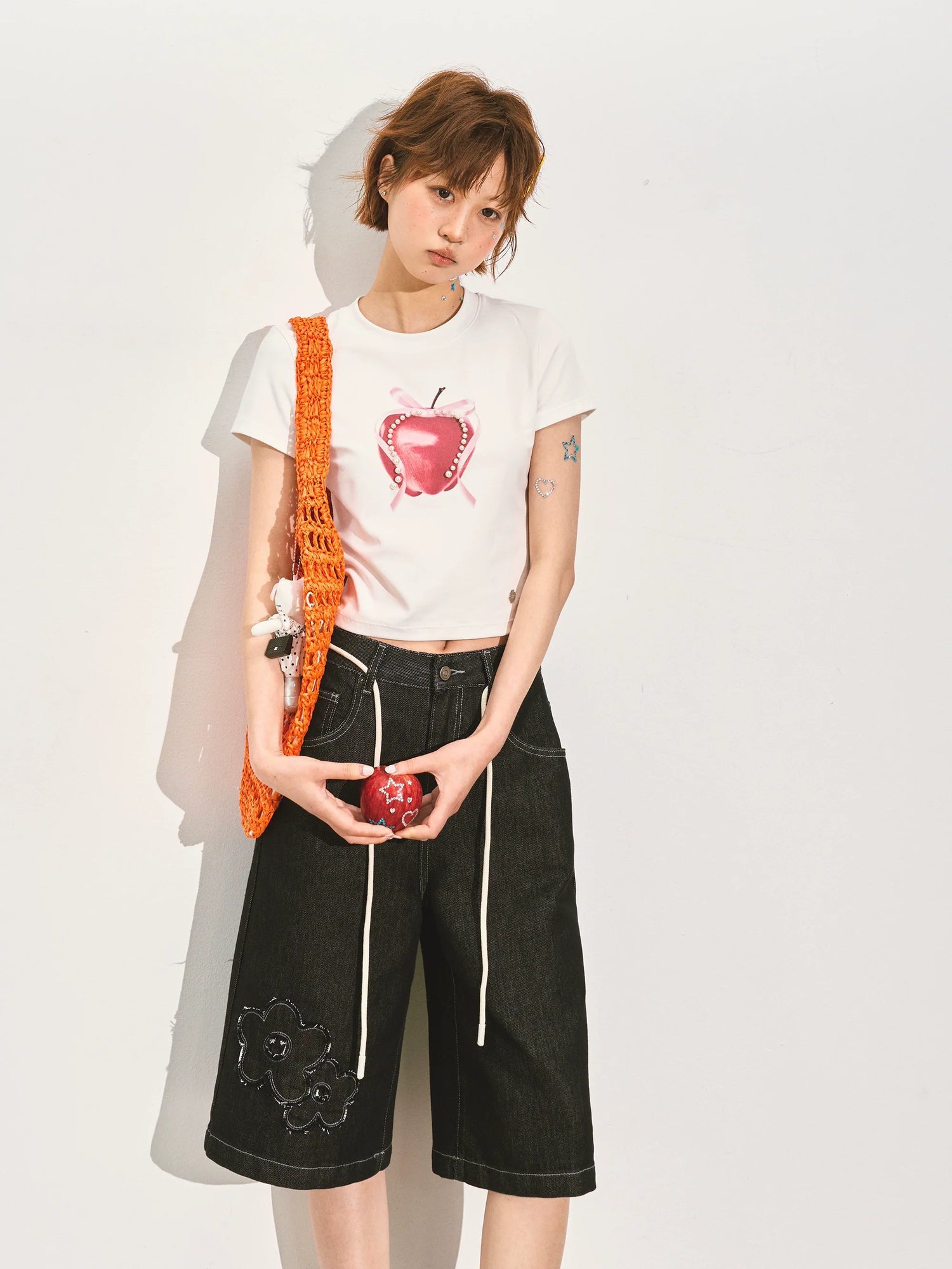 Pearl Bow Fruity Slim-fit Short Sleeve T-shirt
