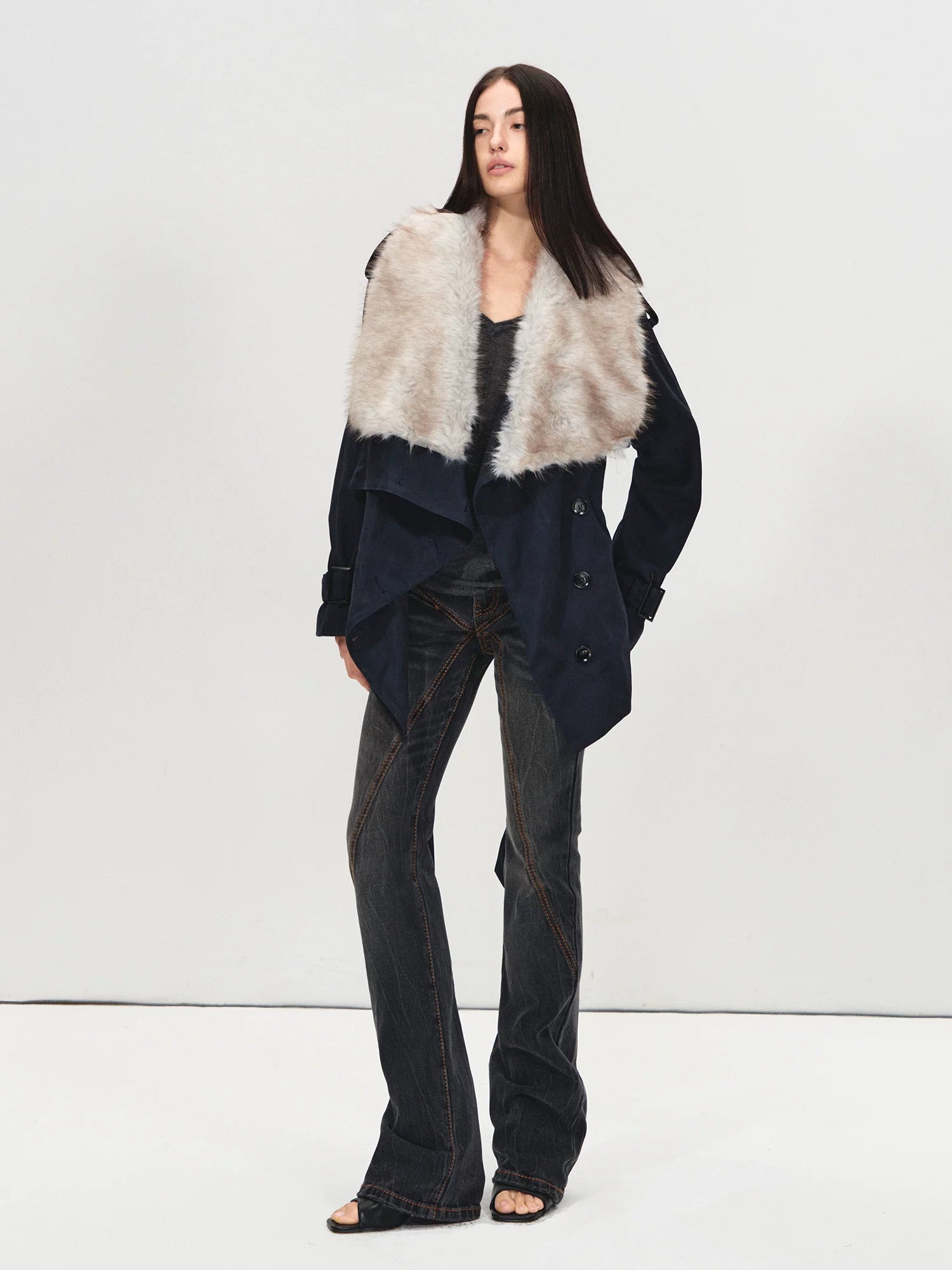 Navy Blue Suede Trench Coat